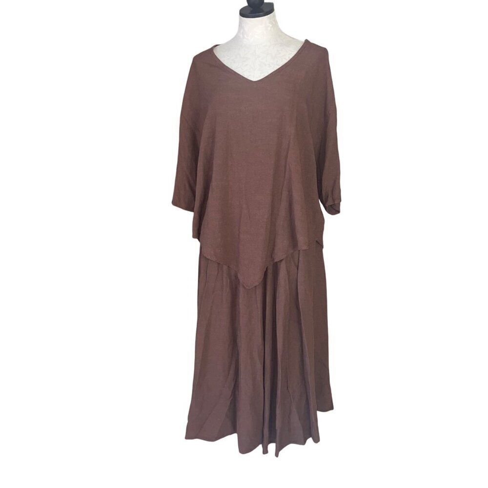Tienda Ho Womens Skirt Top Pants Set One Size Brown Pockets Casual Linen